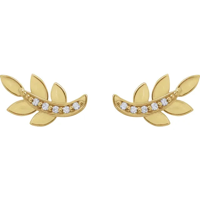 Solid Yellow Gold Diamond Leaf Earrings