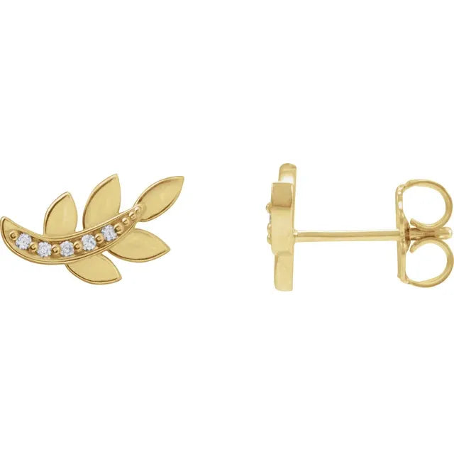 Solid Yellow Gold Diamond Leaf Earrings