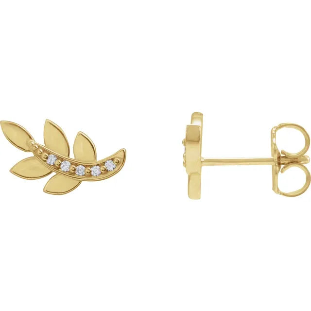 Solid Yellow Gold Diamond Leaf Earrings