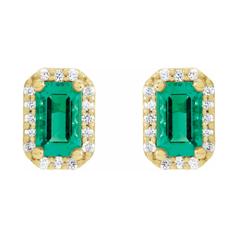 14K Yellow Emerald & Diamond Halo-Style Earrings