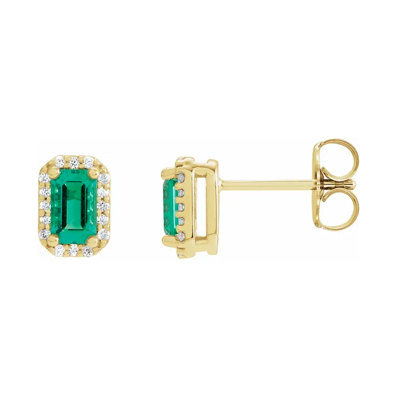 14K Yellow Emerald & Diamond Halo-Style Earrings