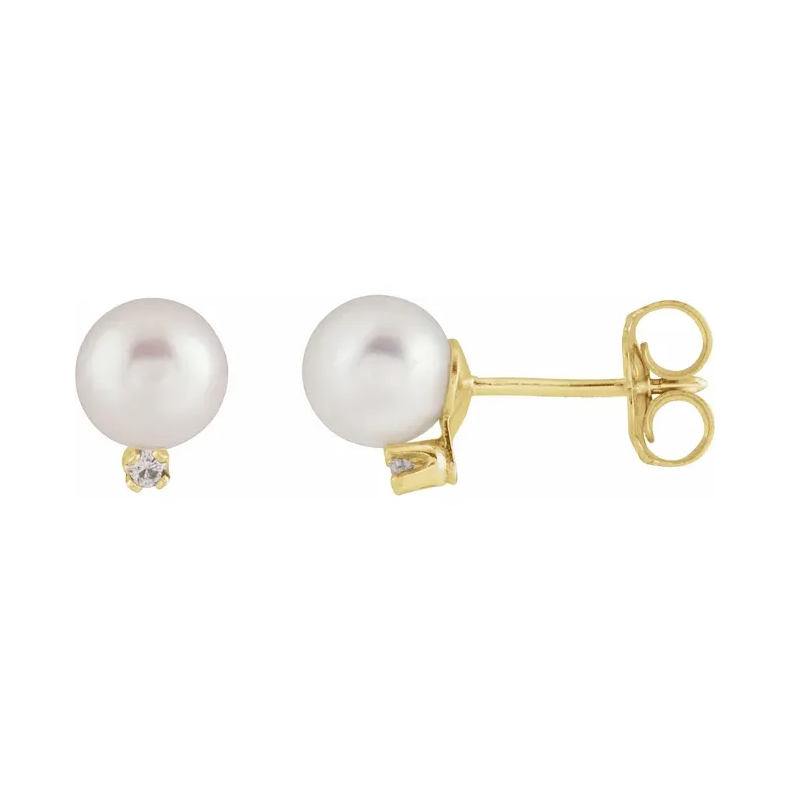 14K Yellow Cultured White Akoya Pearl & Diamond Earrings