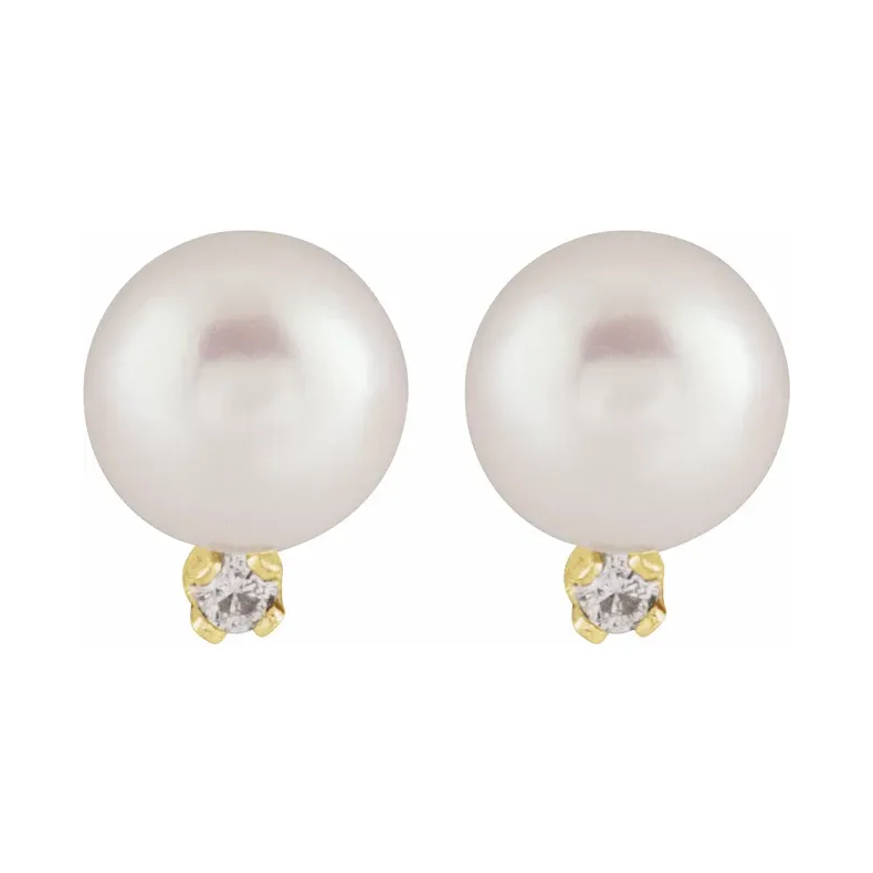 14K Yellow Cultured White Akoya Pearl & Diamond Earrings