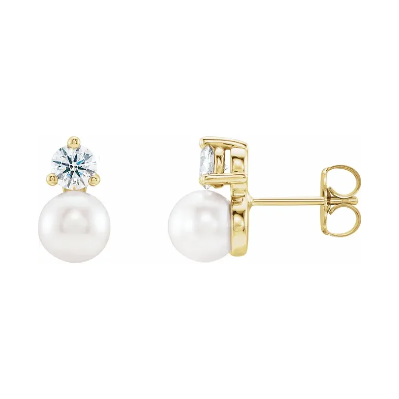 14K Yellow Cultured White Freshwater Pearl & Diamond Earrings