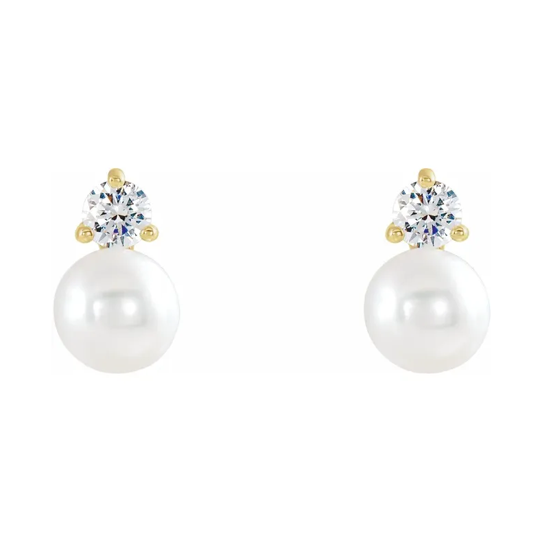 14K Yellow Cultured White Freshwater Pearl & Diamond Earrings