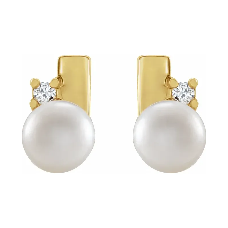 14K Yellow Cultured White Akoya Pearl & Natural Diamond Geometric Earrings