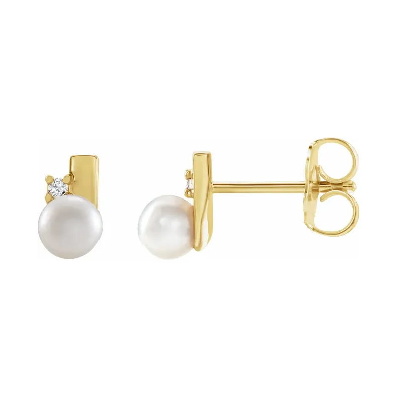 14K Yellow Cultured White Akoya Pearl & Natural Diamond Geometric Earrings