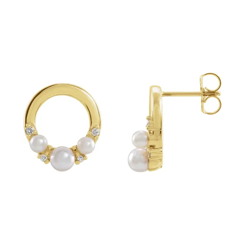 White Seed Pearl & Natural Diamond Circle Earrings