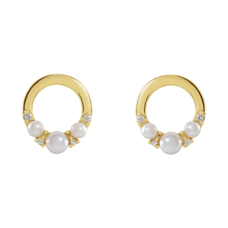 White Seed Pearl & Natural Diamond Circle Earrings