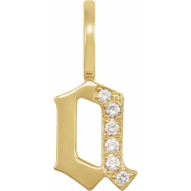 Solid Yellow Gold Diamond Gothic Initial A Charm/Pendant