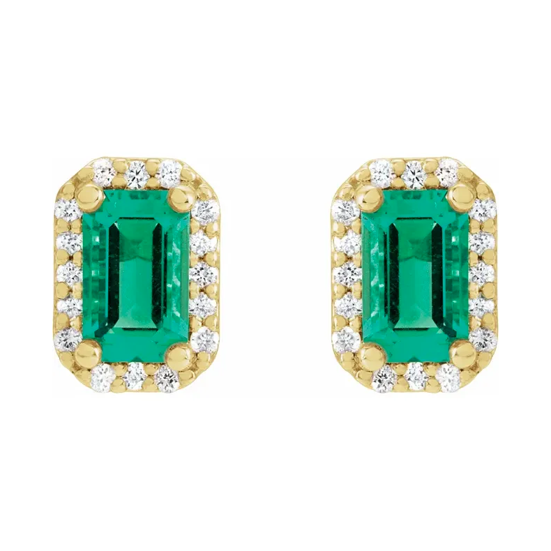 14K Yellow Emerald &amp; Diamond Halo-Style Earrings