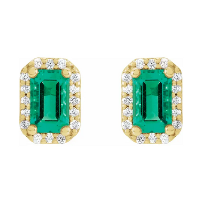 14K Yellow Emerald &amp; Diamond Halo-Style Earrings