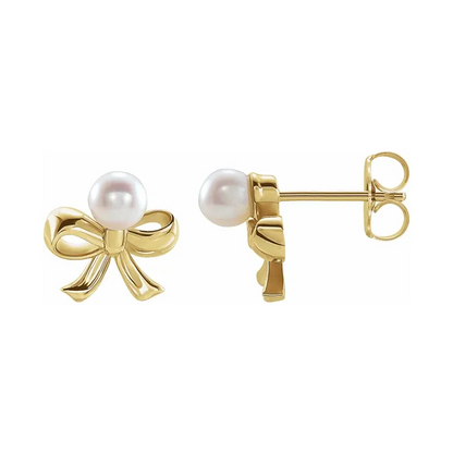 14K Gold Cultured White Akoya Pearl Bow Earrings