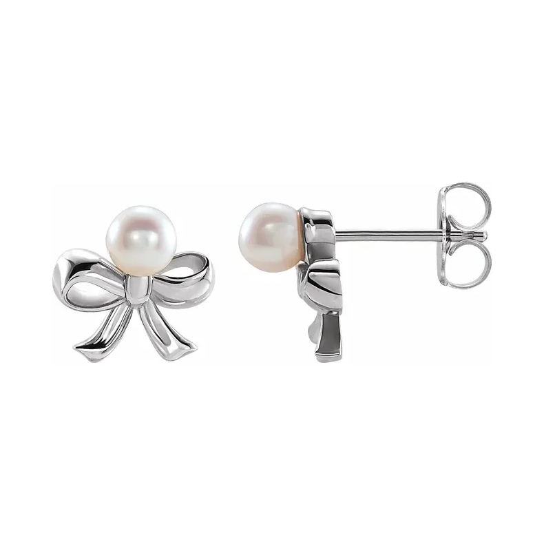 14K Gold Cultured White Akoya Pearl Bow Earrings