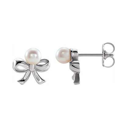 14K Gold Cultured White Akoya Pearl Bow Earrings