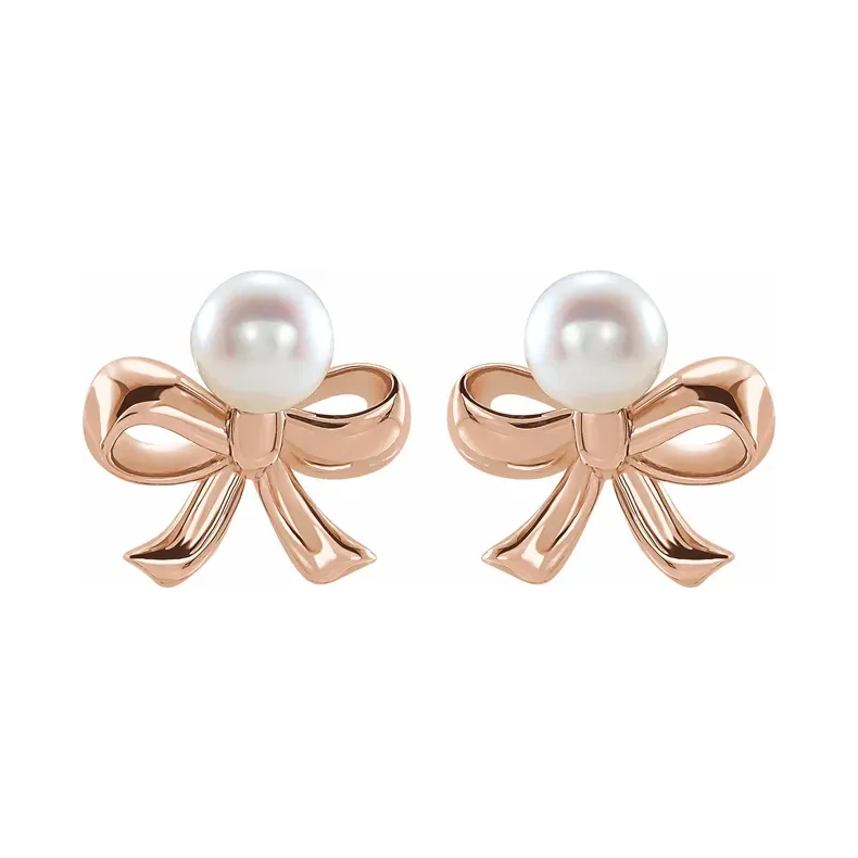 14K Gold Cultured White Akoya Pearl Bow Earrings