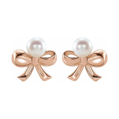 14K Gold Cultured White Akoya Pearl Bow Earrings