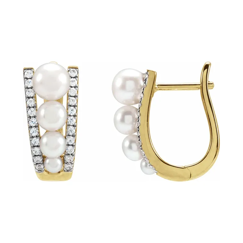 14K Yellow Cultured White Freshwater Pearl Diamond Hoop Earrings