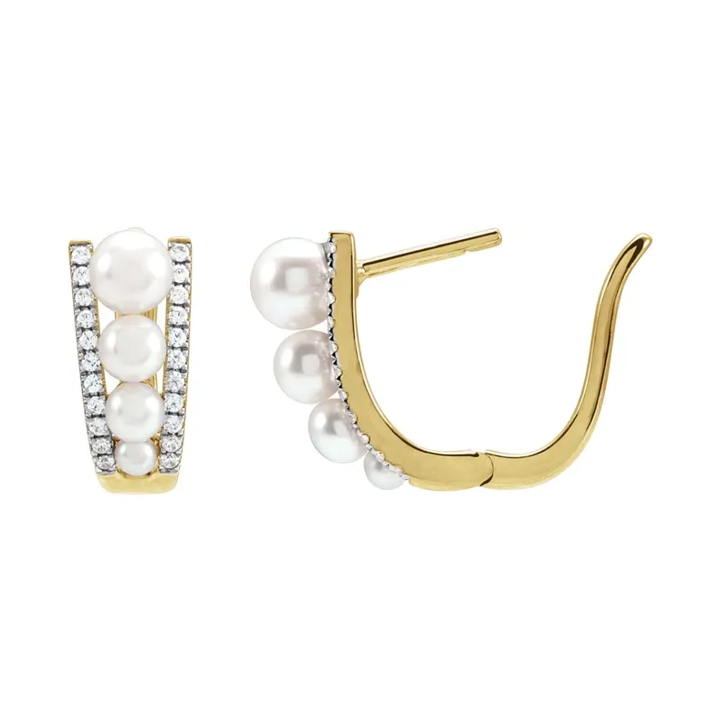 14K Yellow Cultured White Freshwater Pearl Diamond Hoop Earrings