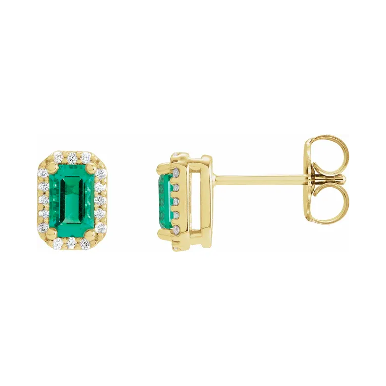 14K Yellow Emerald &amp; Diamond Halo-Style Earrings