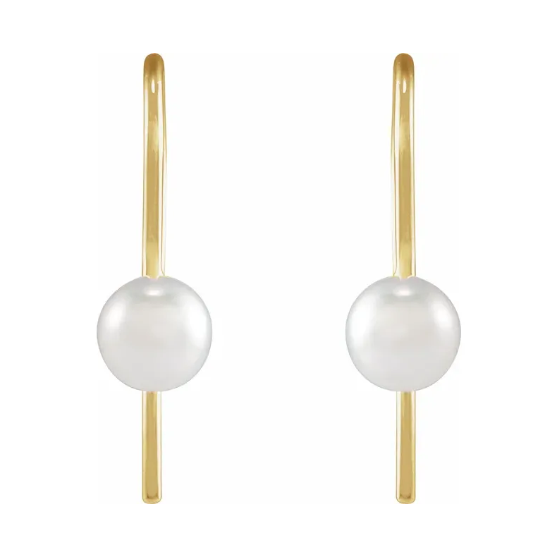 14K Yellow Cultured White Akoya Pearl Wire Earrings