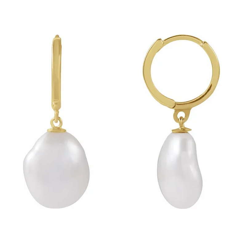 14K Yellow Cultured White Freshwater Keshi Pearl Hoop Earrings