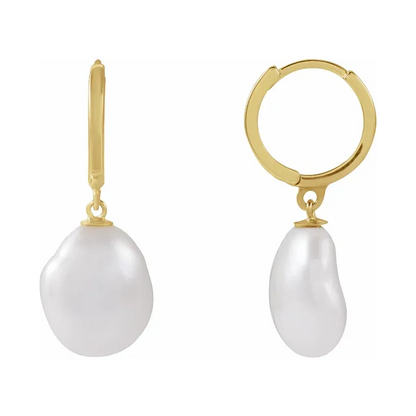 14K Yellow Cultured White Freshwater Keshi Pearl Hoop Earrings