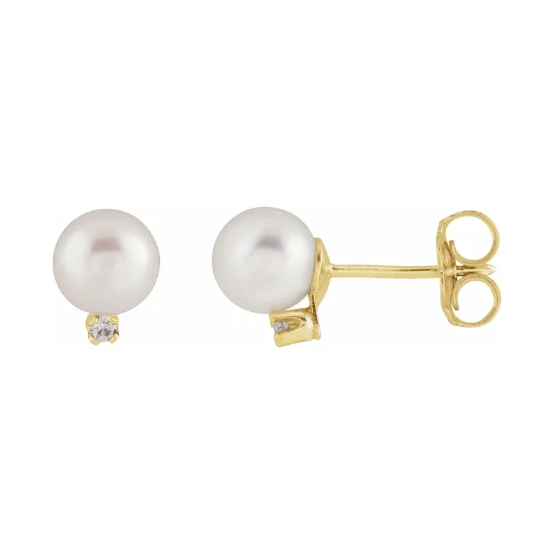 14K Yellow Cultured White Akoya Pearl &amp; Diamond Earrings