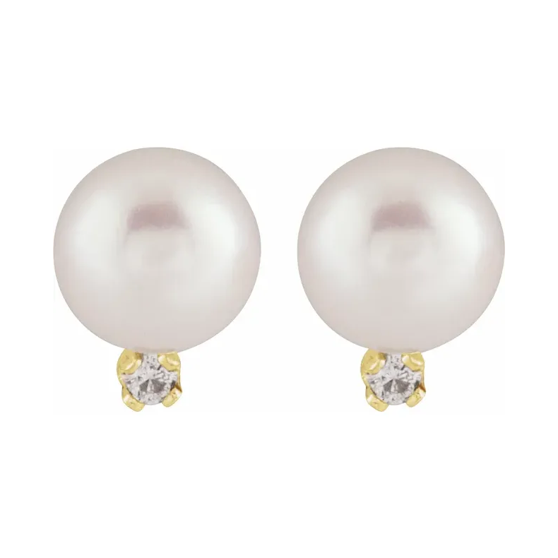 14K Yellow Cultured White Akoya Pearl &amp; Diamond Earrings