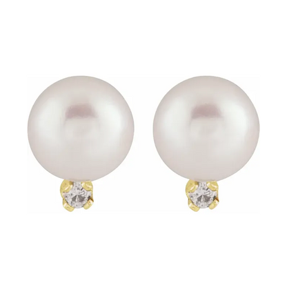 14K Yellow Cultured White Akoya Pearl &amp; Diamond Earrings