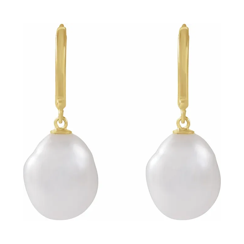 14K Yellow Cultured White Freshwater Keshi Pearl Hoop Earrings