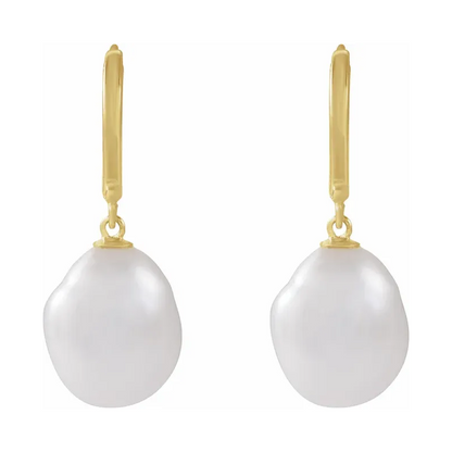 14K Yellow Cultured White Freshwater Keshi Pearl Hoop Earrings