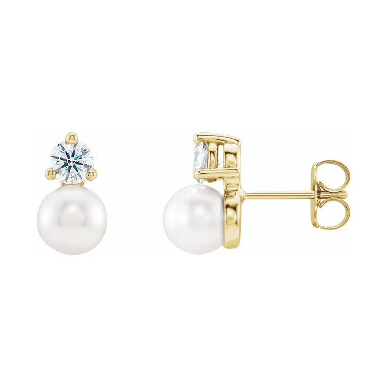 14K Yellow Cultured White Freshwater Pearl &amp; Diamond Earrings