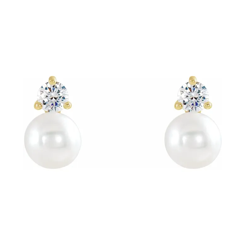 14K Yellow Cultured White Freshwater Pearl &amp; Diamond Earrings