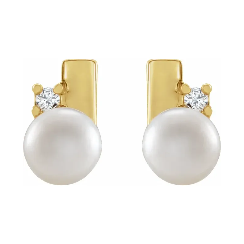 14K Yellow Cultured White Akoya Pearl &amp; Natural Diamond Geometric Earrings