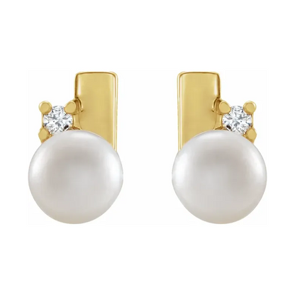 14K Yellow Cultured White Akoya Pearl &amp; Natural Diamond Geometric Earrings