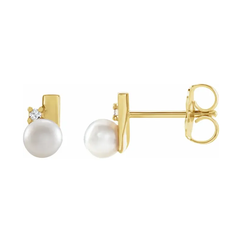 14K Yellow Cultured White Akoya Pearl &amp; Natural Diamond Geometric Earrings