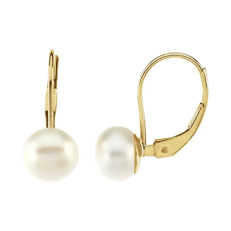 14K Yellow Cultured White Freshwater Pearl Lever Back Earrings