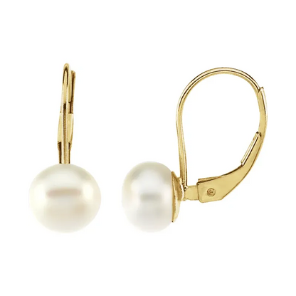 14K Yellow Cultured White Freshwater Pearl Lever Back Earrings