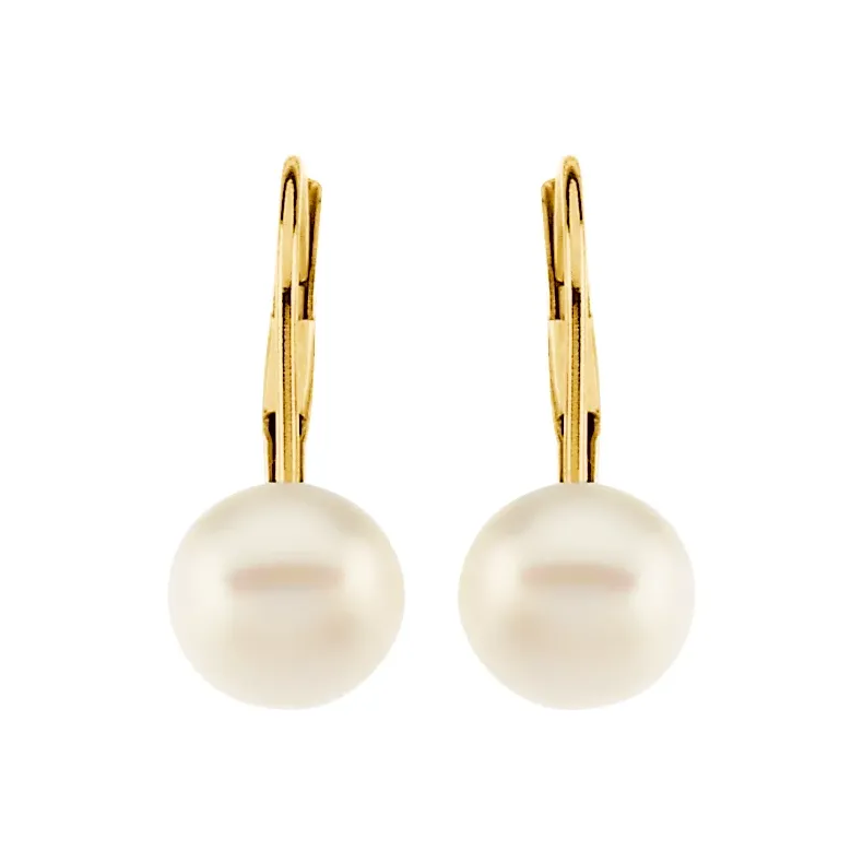 14K Yellow Cultured White Freshwater Pearl Lever Back Earrings