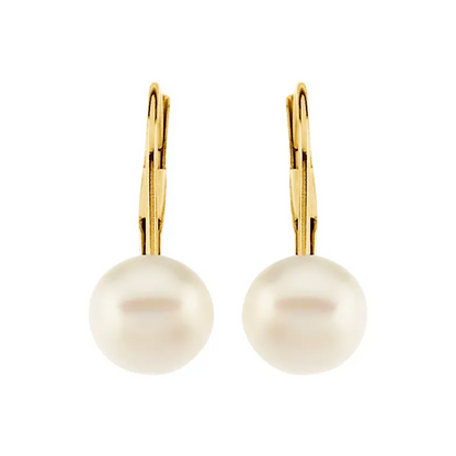 14K Yellow Cultured White Freshwater Pearl Lever Back Earrings