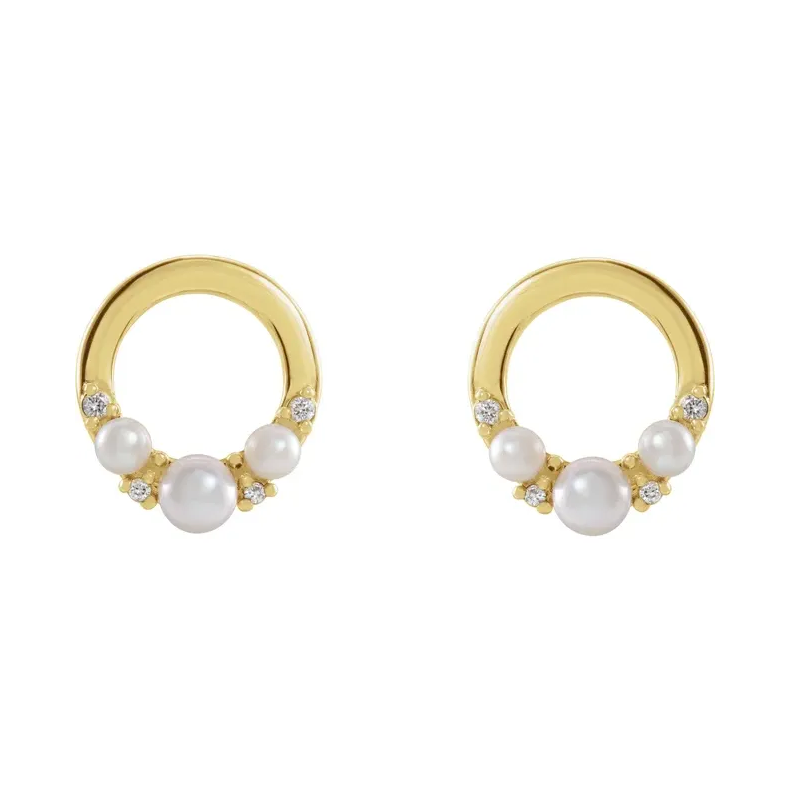 White Seed Pearl &amp; Natural Diamond Circle Earrings