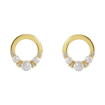 White Seed Pearl &amp; Natural Diamond Circle Earrings