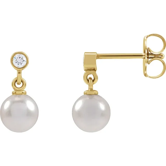 Diamond &amp; Cultured White Akoya Pearl Earrings