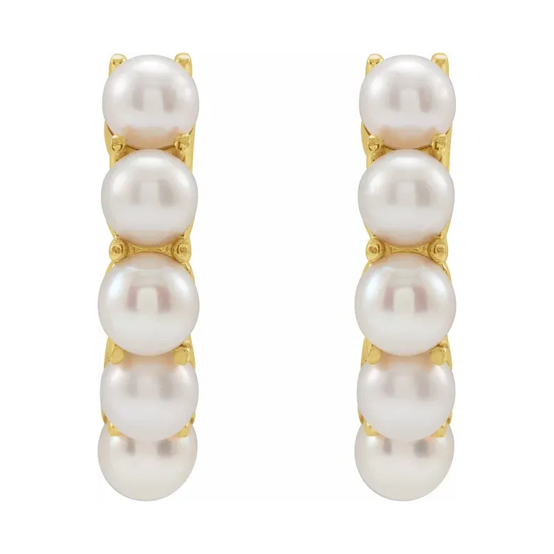 14K Yellow Gold Pearl Hoop Huggie Earrings