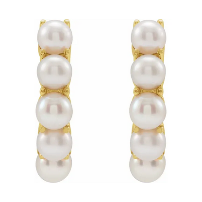 14K Yellow Gold Pearl Hoop Huggie Earrings