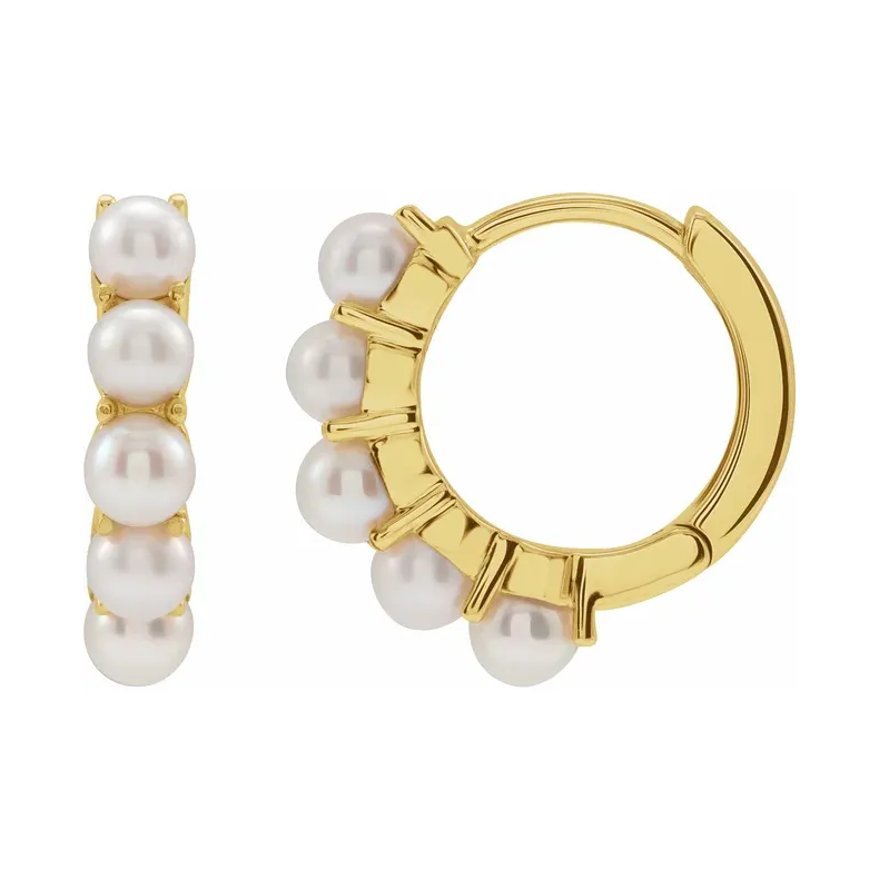 14K Yellow Gold Pearl Hoop Huggie Earrings