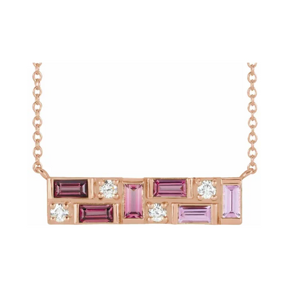 Pink Multi-Gemstone &amp; Natural Diamond Bar Necklace