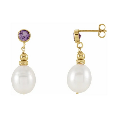 Pearl &amp; Genuine Amethyst Earrings